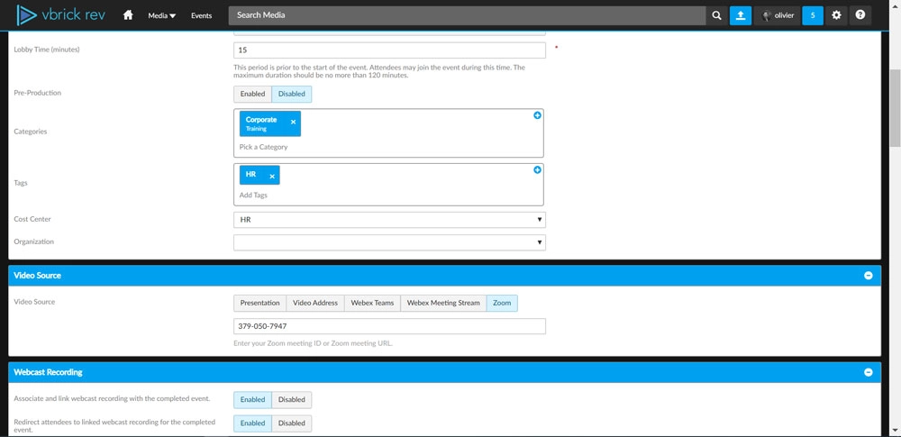 Screenshot of user looking up an upcoming scheduled Zoom meeting and pasting in the URL to their Zoom meeting directly from the webcast event settings.